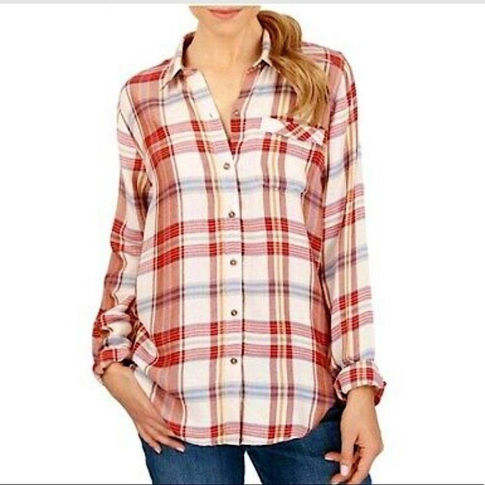 Lucky Brand Bungalow Plaid Flannel Button Hi-Low Shirt Size XS Red